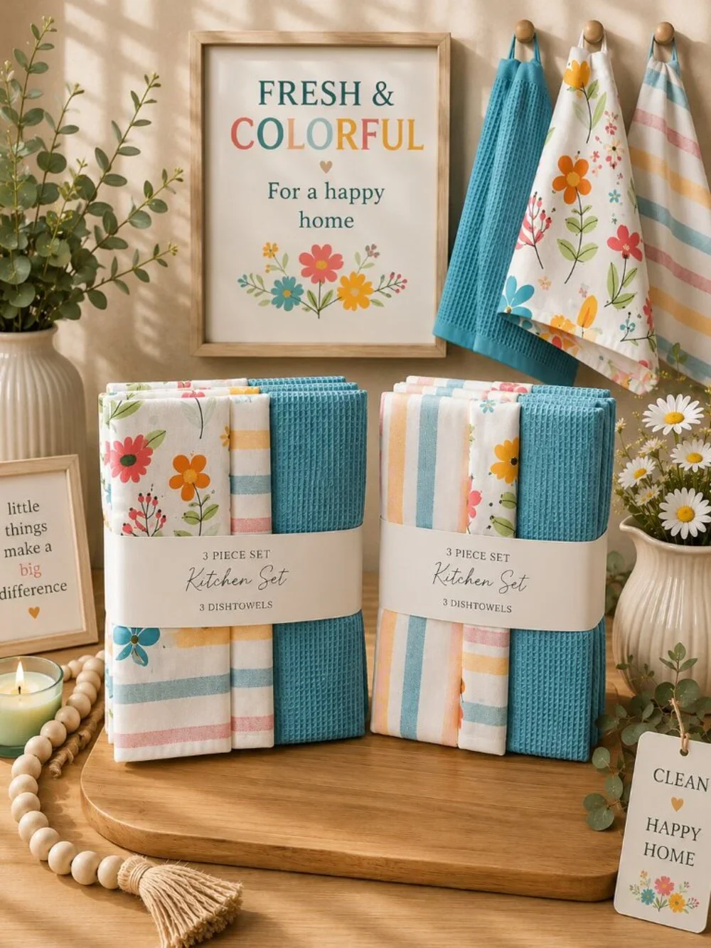 New 12-Piece Kitchen Towel Set, Pastel Floral Waffle Weave Cotton